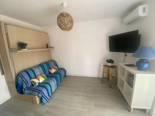 un salon avec un canapé et une télévision à écran plat dans l'établissement studio au calme avec piscine, à Fréjus