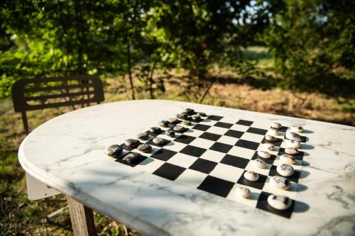 a chessboard on top of a table with a chair at La Jolie Longère Fleurie Lodge avec piscine et jardin in Le Gué-dʼAlléré