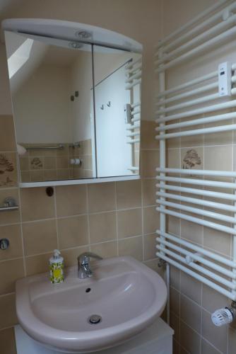 ein Badezimmer mit Waschbecken und Spiegel in der Unterkunft Ferienwohnung Parkresidenz in Goslar