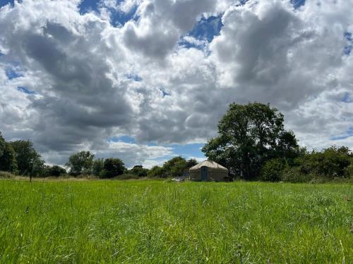 a yurt in a field under a cloudy sky at Nordic Glamping at Botswicky - a nature based retreat in Bishopstone