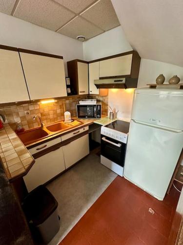 une cuisine avec un réfrigérateur blanc et un évier dans l'établissement L'Authentique - maison avec jardin - 4 personnes, au Mans