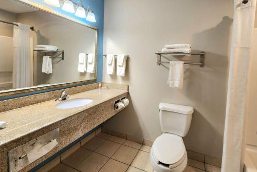a bathroom with a toilet and a sink and a mirror at Days Inn & Suites by Wyndham Thibodaux in Thibodaux