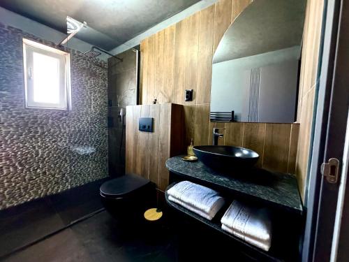 a bathroom with a black sink and a shower at Prestige House Delux in Curtea de Argeş