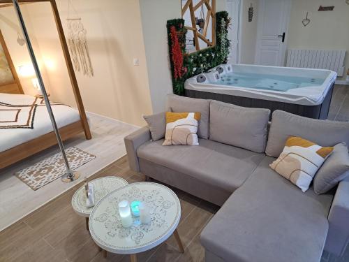 a living room with a couch and a tub at Les suites d'Élise - Gîte Agathe in Grumesnil