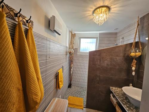 une salle de bain avec un lavabo, un miroir et une douche dans l'établissement L atelier classé 3 etoiles, à Sablons