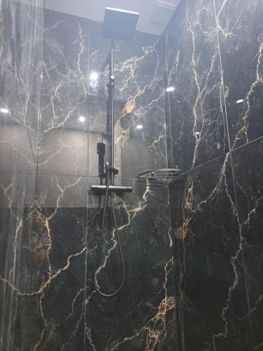 a bathroom with a black and gold marble wall at Les suites d'Élise - Gîte Agathe in Grumesnil