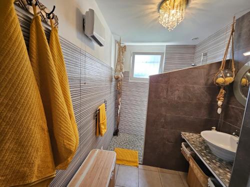 une salle de bain avec un lavabo et une douche dans l'établissement Le duo [ le Stockholm +l atelier], à Sablons
