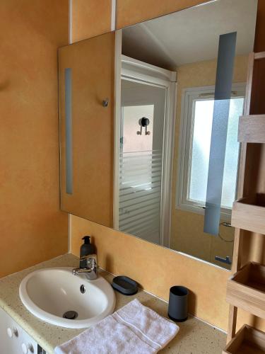 une salle de bain avec un lavabo et un miroir dans l'établissement Jolie mobil home à louer, à Thiviers