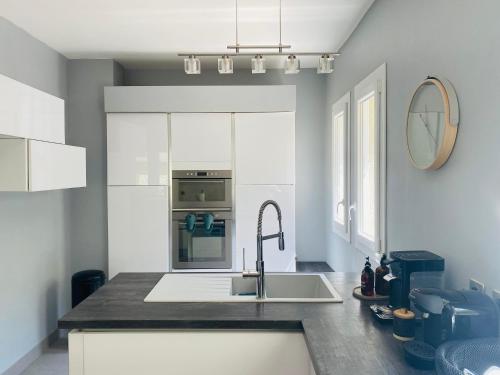 eine Küche mit Spüle und Arbeitsplatte in der Unterkunft Magnifique Villa typique du Sud avec Piscine privée et jardin méditerranéen in Saint-Vincent-de-Barbeyrargues