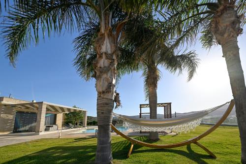 a hammock between two palm trees next to a pool at Larimar Luxury Sea View Villa in Kissamos