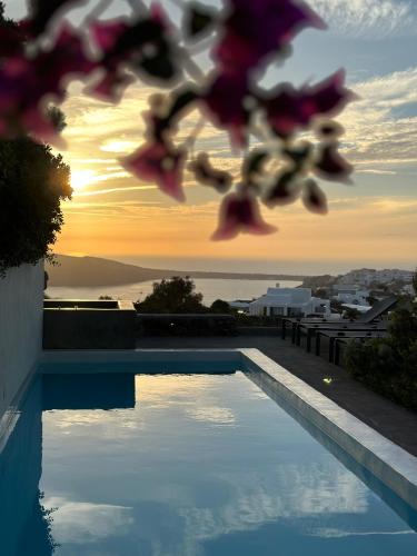 a person jumping in the air next to a swimming pool at 270 Oias View in Oia