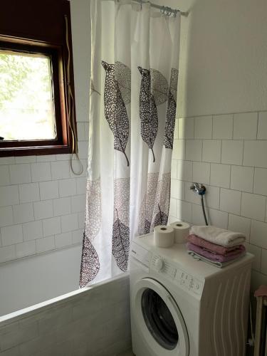 a washing machine in a bathroom with a shower curtain at Kecman in Drvar