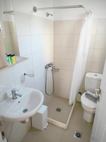 a bathroom with a shower and a sink and a toilet at Dolphin Rooms in Antiparos
