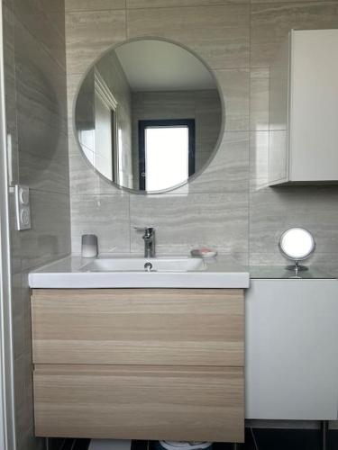 une salle de bain avec un lavabo et un miroir dans l'établissement Maison proche océan à tosse, à Tosse