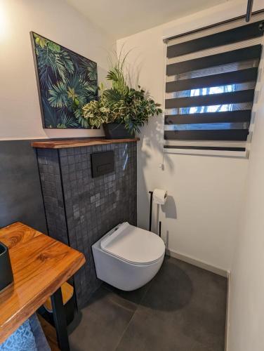 ein Badezimmer mit Toilette und Pflanzen an der Wand in der Unterkunft Greenbela in Banská Belá