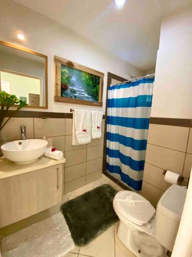 a bathroom with a sink and a toilet and a shower at PuraVida Escape - 60 Metres from Beach in Coco