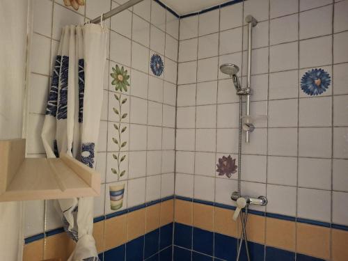 une salle de bain avec douche aux carreaux bleus et blancs dans l'établissement Studio cosy avec balcon, au centre de Brides-les-Bains, proche thermes et télécabine - FR-1-512-74, à Brides-les-Bains