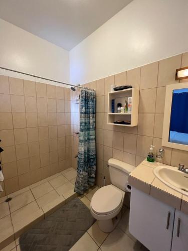 a bathroom with a toilet and a sink at Coral Reef Condo in Coco
