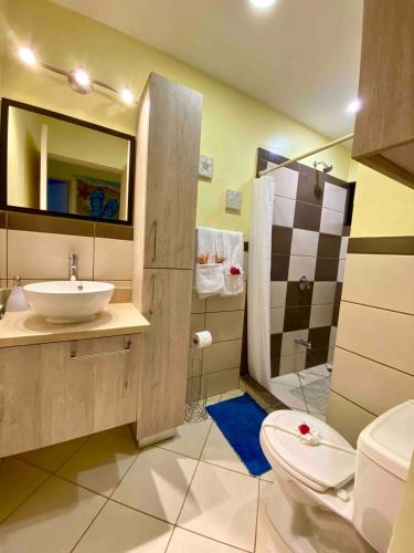 a bathroom with a sink and a toilet and a mirror at Sun and Waves Getaway in Coco