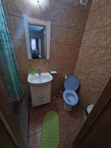 a bathroom with a toilet and a sink and a mirror at Casa Vlad in Costinesti