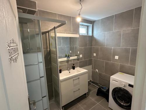 une salle de bain avec un lavabo et une machine à laver dans l'établissement Appartement - Paris, Disney, Parc des expos, Aéroport CDG, RER B, à Sevran