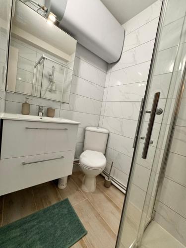 une salle de bain avec toilettes, lavabo et douche dans l'établissement Les Appartements De Lina -Studio Maya 5 - Self Check-In -, à La Grande Motte