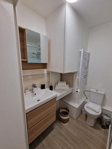 une salle de bain avec un lavabo blanc et des toilettes dans l'établissement Logement Arche de la Défense, Arena spectacle, wifi, parking gratuit, à Courbevoie