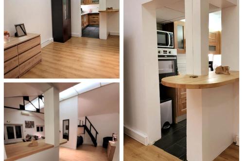 trois photos d'une cuisine et d'un salon dans l'établissement Loft proche CDG 6 pers, Parc Expo avec parking, à Villeparisis