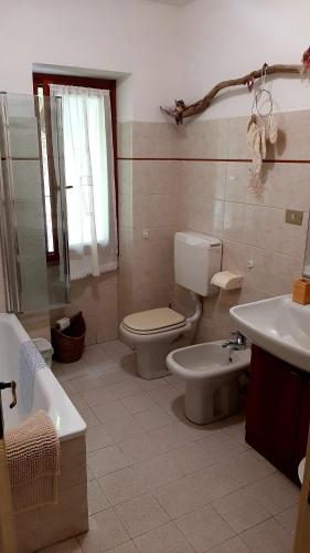 a bathroom with a toilet and a tub and a sink at A 1 passo dal bosco in Murialdo