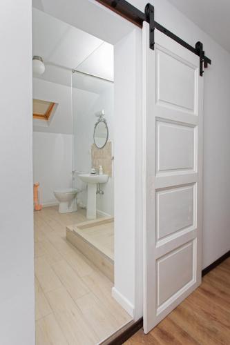 a sliding door in a bathroom with a toilet at Casa Ormenisan in Baile Felix