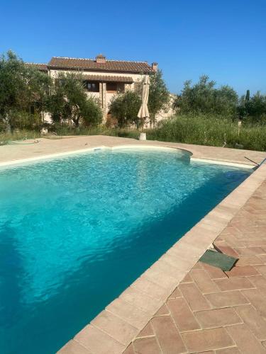 a swimming pool with blue water in front of a house at Podere Cedrola in Asciano