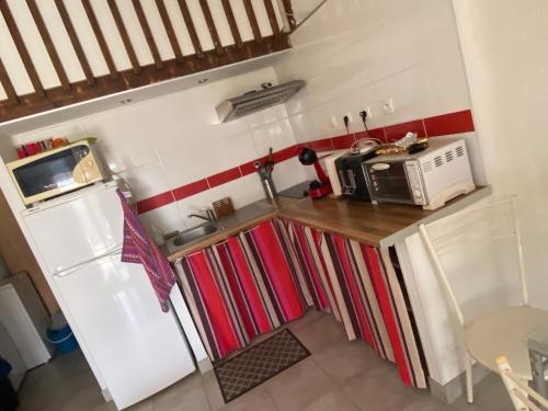 une petite cuisine avec un réfrigérateur et un micro-ondes dans l'établissement Annyck, à Gruissan