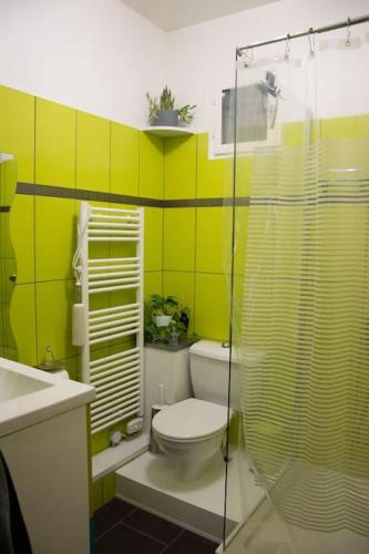 une salle de bain avec toilettes et douche en verre dans l'établissement Dormez chez une artiste peintre, à Caux