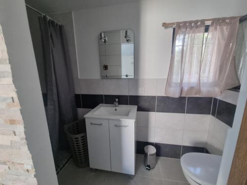 une salle de bain avec un lavabo, des toilettes et un miroir dans l'établissement Villa climatisée, à Saint-Ambroix