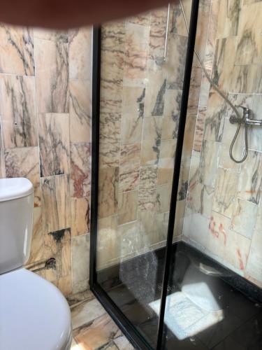 a bathroom with a glass shower with a toilet at Asprela Guest House in Porto