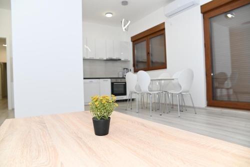 a kitchen and living room with a vase with a plant on a table at Villa Panorama - autumn luxury villa - heated pool and jacuzzi in Ivanica