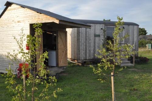 a small wooden shed in a yard with a tree at Restored circus wagon in Saltburn-by-the-Sea