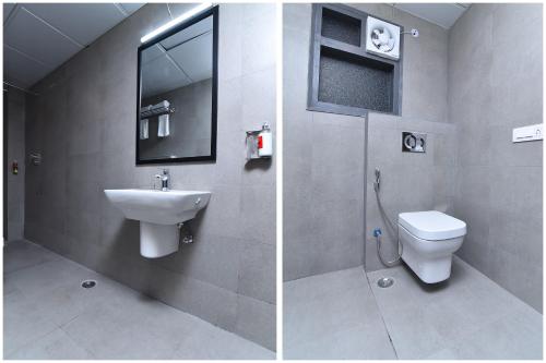 two pictures of a bathroom with a sink and a toilet at Townhouse Rudra Inn Near Chhatarpur Metro Station in New Delhi