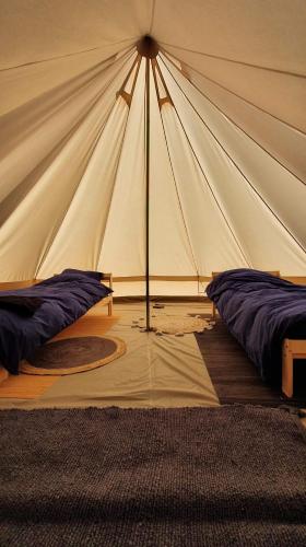 une tente avec 2 lits dans une chambre dans l'établissement L'écolodge des champs, à Prailles