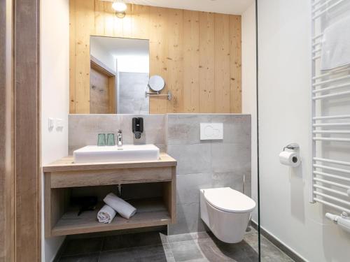 a bathroom with a sink and a toilet and a mirror at Apart33 Top 2-3B in Haus im Ennstal