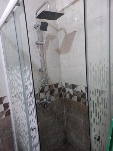 a shower with a glass door in a bathroom at Apartment in 6 October city in 6th Of October