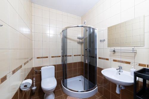 a bathroom with a shower and a toilet and a sink at Pensjonat Złoto Bałtyku in Łeba