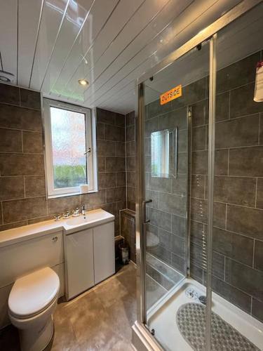 a bathroom with a shower and a toilet and a sink at 2 Bedrooms Holiday home in Edinburgh near City Center in Edinburgh