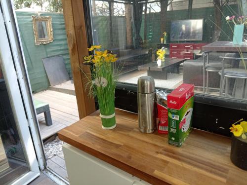 un vase de fleurs posé sur un comptoir dans une maison dans l'établissement Le Loft 3, à Montpellier