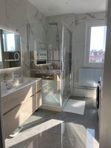 une salle de bain avec une douche en verre et un lavabo dans l'établissement Superbe appartement lumineux et cosy proche Paris, à Villemomble