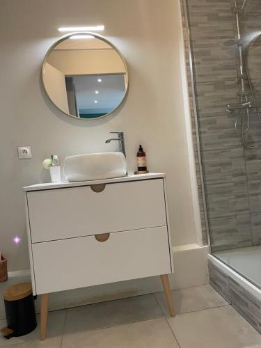 une salle de bain avec un lavabo blanc et un miroir dans l'établissement Charmant appartement Bordeaux, à Bordeaux