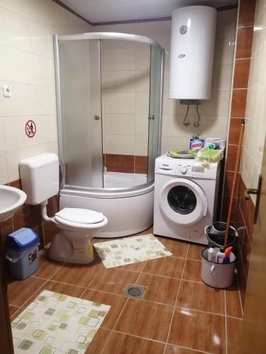 une salle de bains avec douche, toilettes et machine à laver dans l'établissement Apartment IN Ohrid, à Ohrid