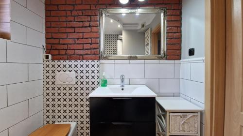 a bathroom with a sink and a mirror at Apartament Classic in Malbork