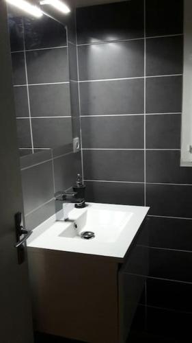 une salle de bain avec un lavabo blanc et un miroir dans l'établissement L'appartement du Lys, à Périgueux