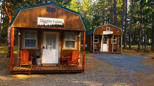 two small buildings with orange chairs in a forest at Diggins Cabin 2 in O'Brien